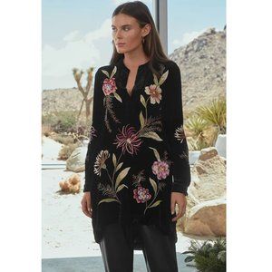 Johnny Was Meriah Relaxed Trapunto Tunic Long Floral Embroidery Black Top NEW